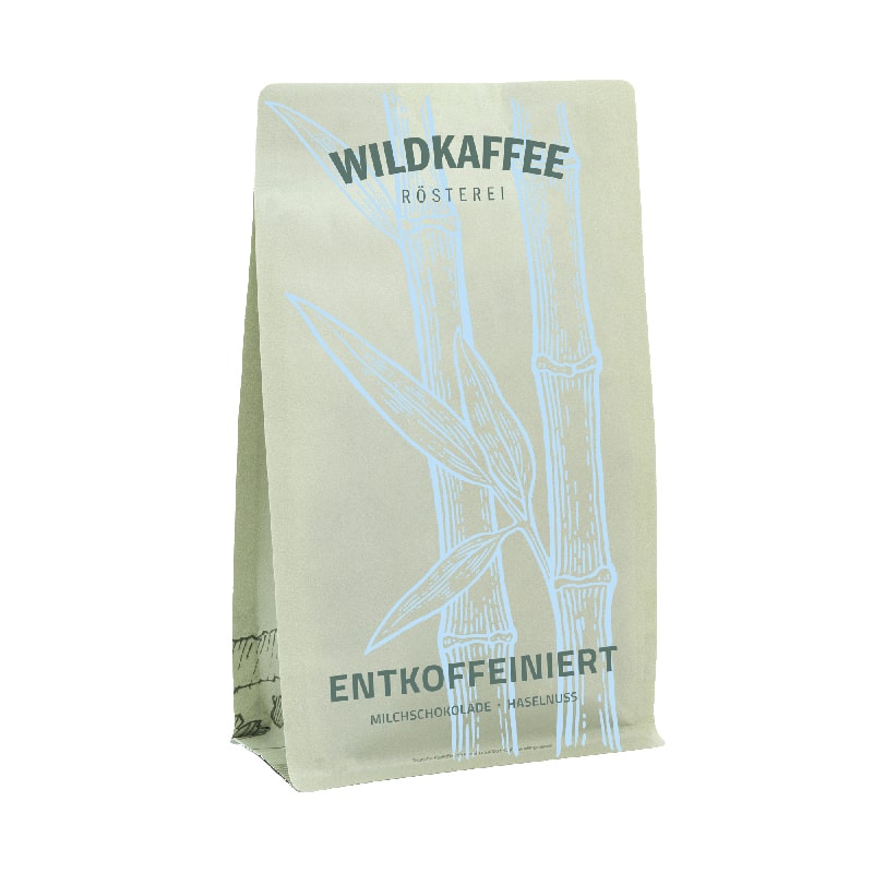 Mintfarbene Produktverpackung  Wildkaffee Entkoffeiniert 350 g Bohnen