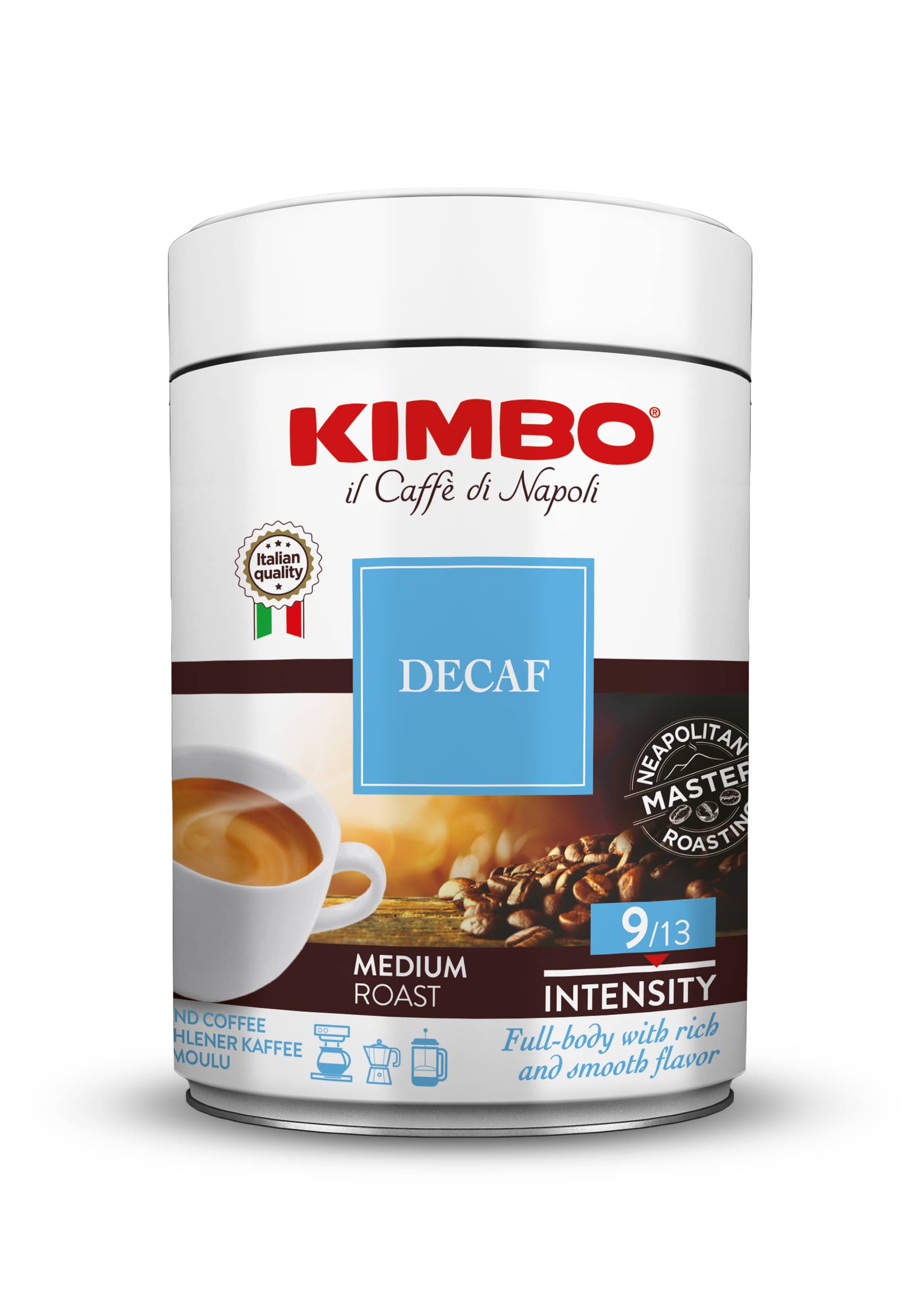 Weiße Produktverpackung Kimbo Decaffeinato 250 g gemahlen Dose