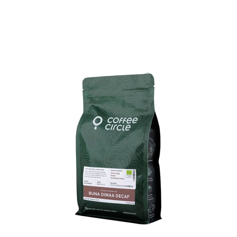 Dunkelgrüne Produktverpackung Coffee Circle Buna Dimmaa Decaf 250 g Bohnen