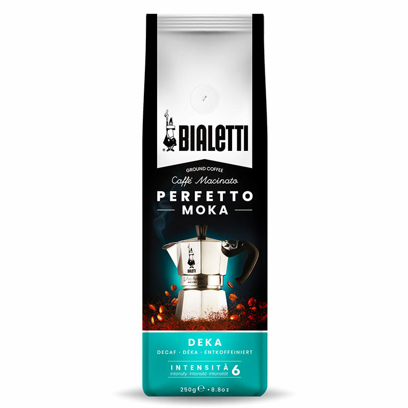 Schwarze Produktverpackung Bialetti Perfetto Moka Deka 250 g gemahlen