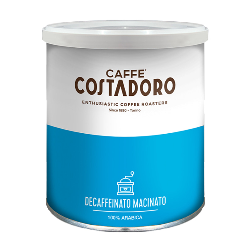 Weiß-blaue Produktverpackung Costadoro Decaffeinato 250 g gemahlen Dose