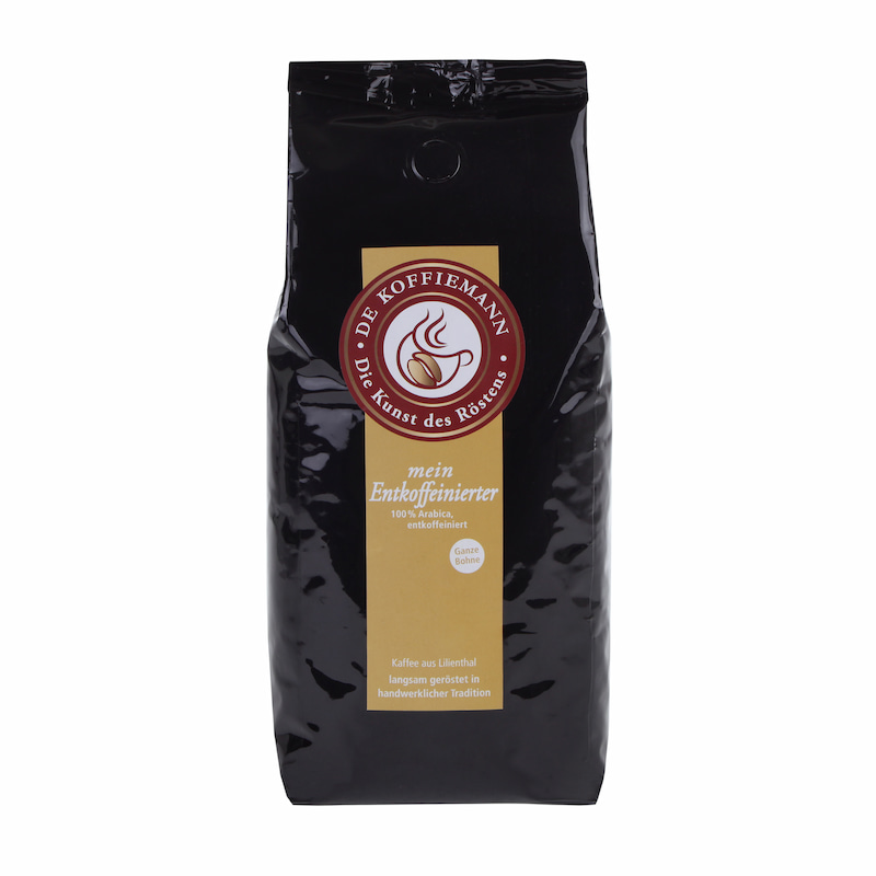 Schwarze Produktverpackung De Koffiemann Mein Entkoffeinierter ganze Bohne 500 g