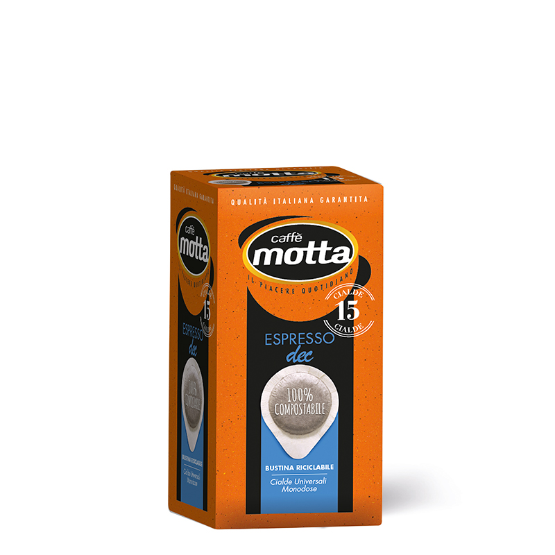 Orangefarbene Produktverpackung Caffè Motta Decaf Espresso E.S.E.-Pads 15 Stück
