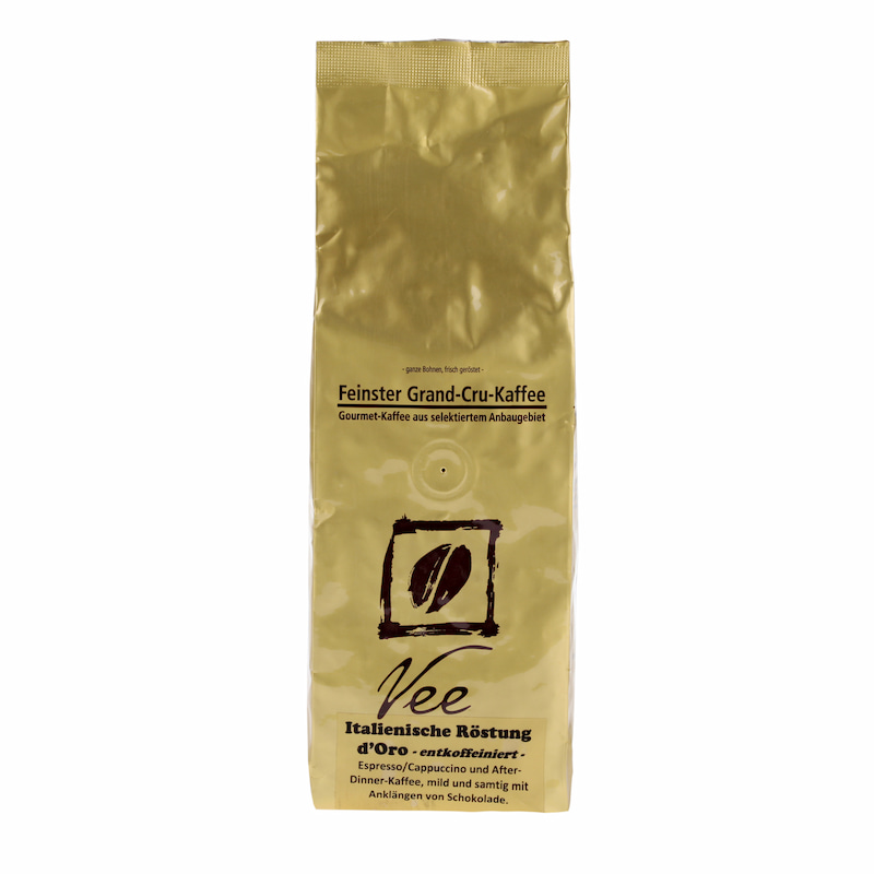 Goldene Produktverpackung VEE Kaffee Italienische Röstung entkoffeiniert ganze Bohne 250 g