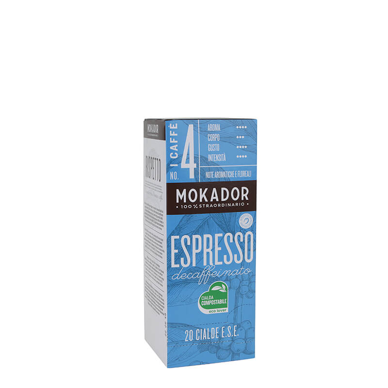 Hellblaue Produktverpackung Mokador Espresso Decaffeinato Pads 20 Stueck
