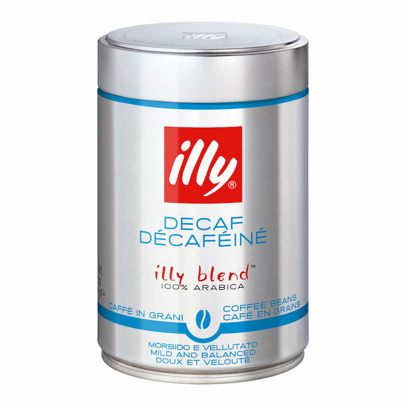 Silberne Produktverpackung Illy entkoffeiniert ganze Bohne 250 g Dose