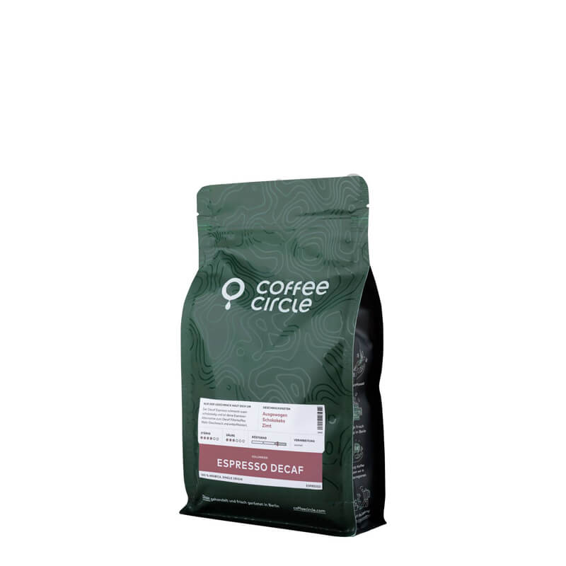 Dunkelgrüne Produktverpackung Coffee Circle Espresso Decaf 250 g Bohnen