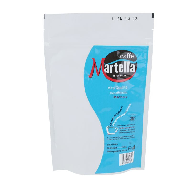 Weiße Produktverpackung Martella Decaffeinato 250 g gemahlen