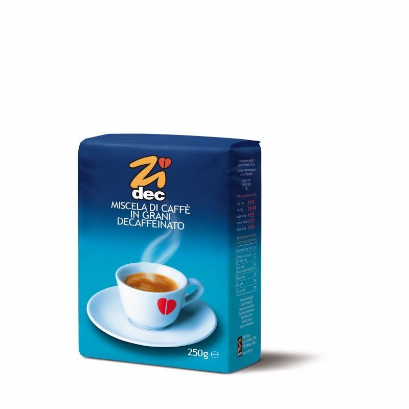 Blaue Produktverpackung Zicaffé Zidec entkoffeiniert 250 g Bohnen