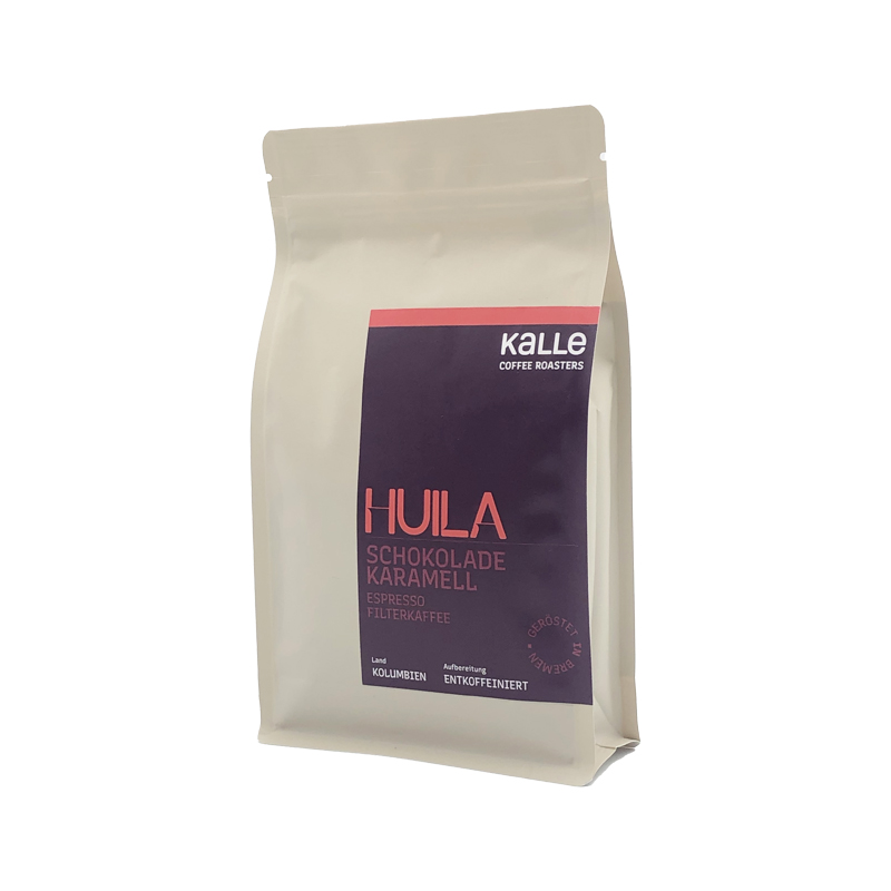 Beige Produktverpackung Kalle Coffee Roasters Huila Decaf ganze Bohne 250 g