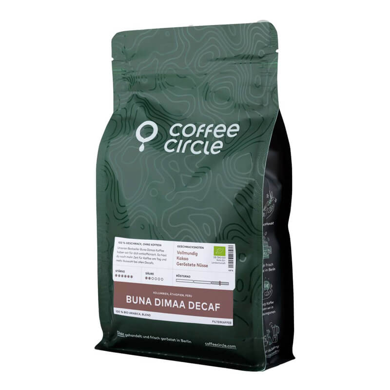 Dunkelgrüne Produktverpackung Coffee Circle Buna Dimaa Decaf 1000 g Bohnen
