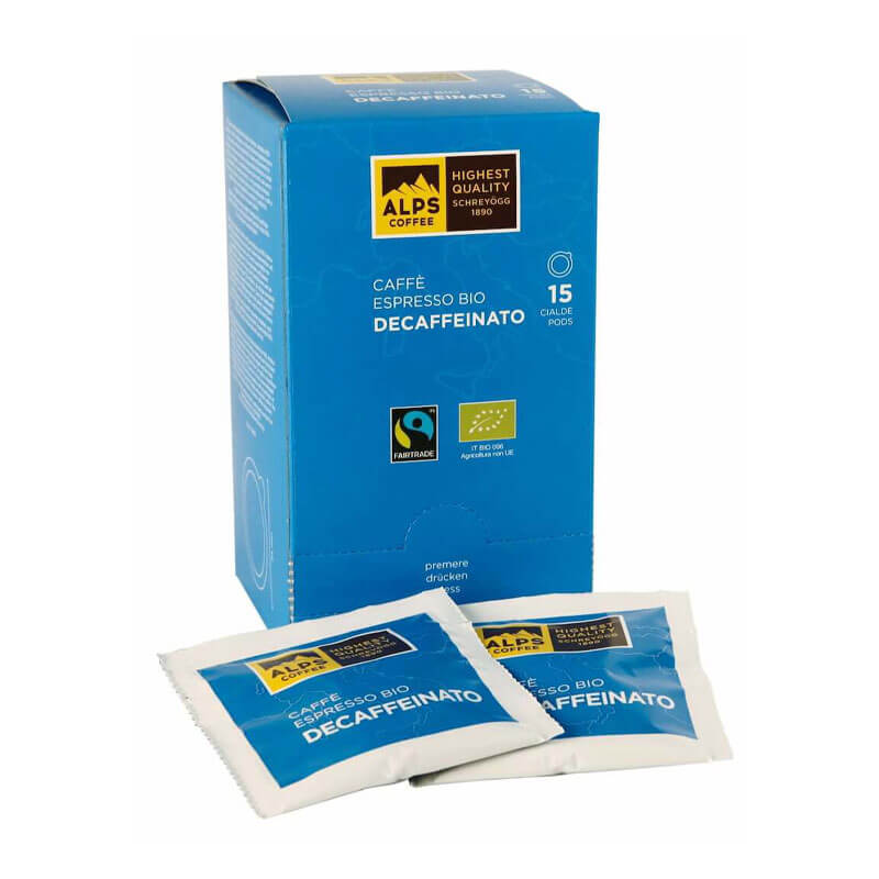 Blaue Produktverpackung Alps Coffee Schreyögg Bio Decaffeinato Pads 15 Stueck