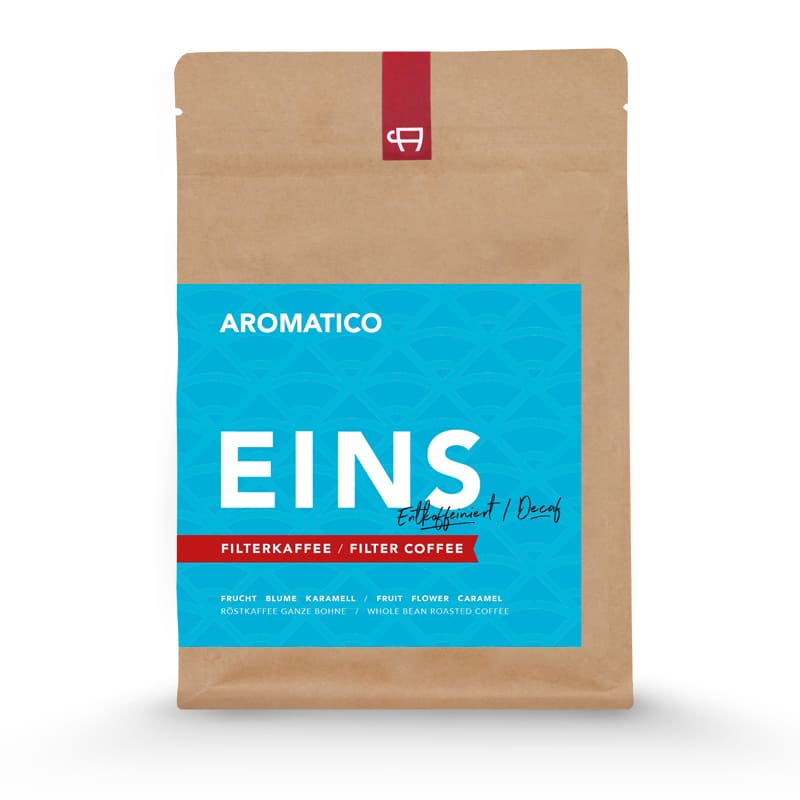 Blau braune Produktverpackung Aromatico EINS Filterkaffee entkoff 250 g Bohnen