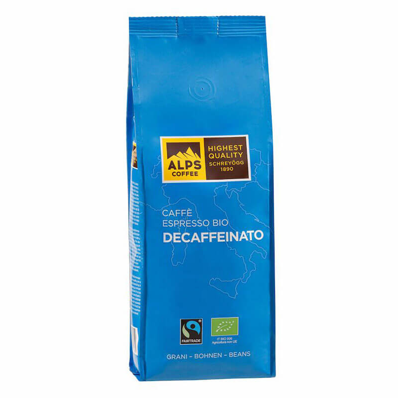 Blaue Produktverpackung Alps Coffee Schreyögg Bio Decaffeinato ganze Bohne 500 g