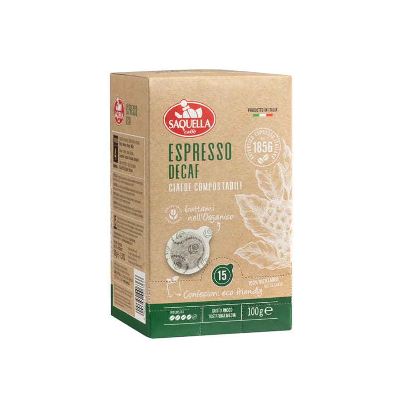 Beige Produktverpackung Saquella E.S.E. Pads Espresso Decaf  15 Stück