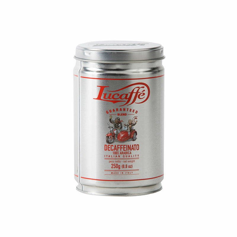 Silberne Produktverpackung Lucaffe  Decaffeinato 250 g Bohnen Dose