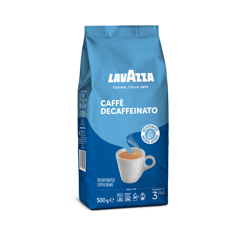 Blaue Produktverpackung Lavazza Caffè Decaffeinato ganze Bohne 500 g