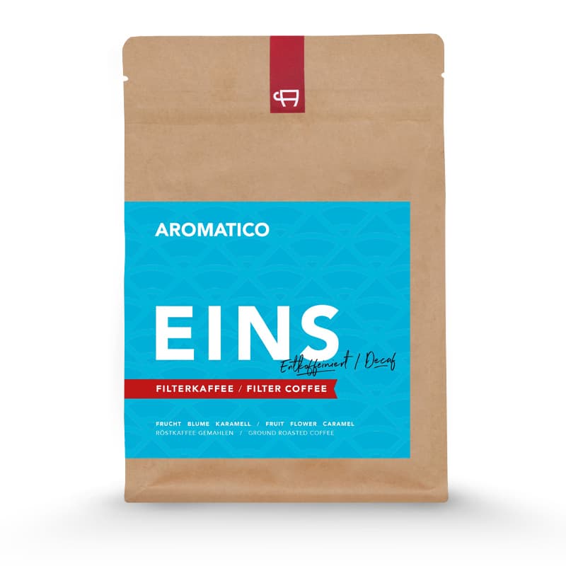 Blau braune Produktverpackung  Aromatico EINS Filterkaffee Entkoffeiniert 250 g gemahlen