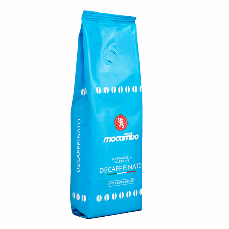 Hellblaue Produktverpackung Mocambo Decaffeinato 1000 g Bohnen
