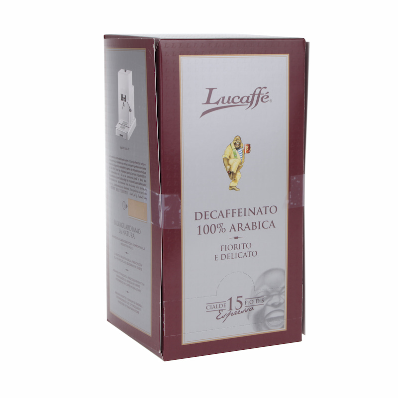 Weinrote Produktverpackung Lucaffé Decaffeinato Pads 15 Stueck