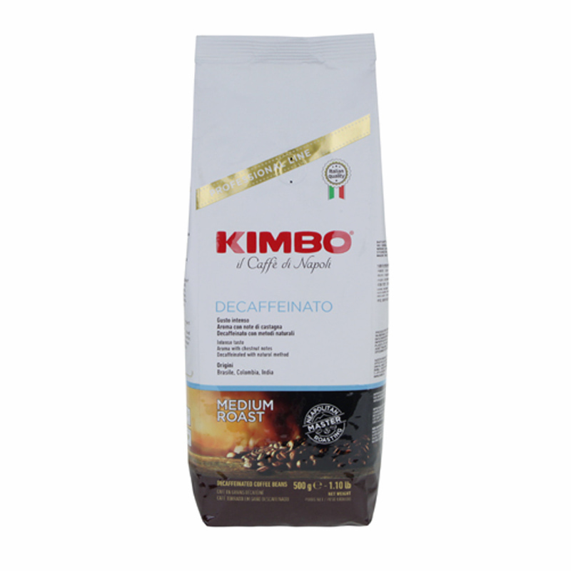 Weiße Produktverpackung Kimbo entkoffeiniert ganze Bohne 500 g