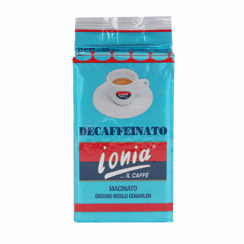 Blaue Produktverpackung Ionia Decaffeinato 250 g gemahlen