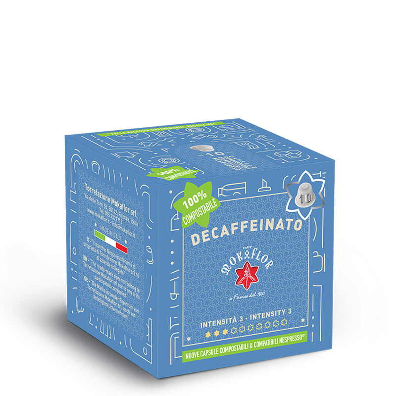 Blaue Produktverpackung Mokaflor Decaffeinato Nespresso Kapseln 10 Stueck