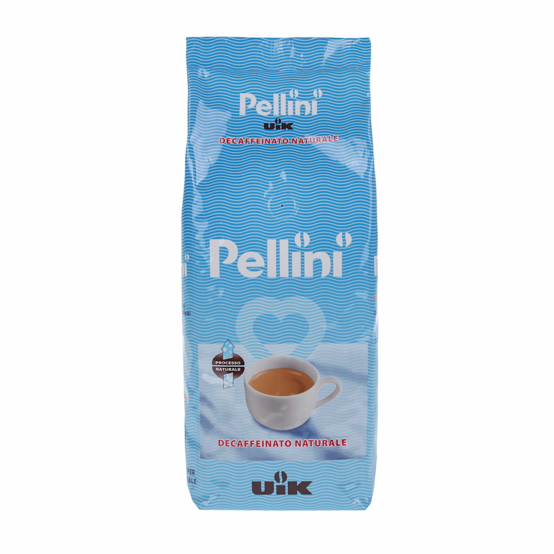 Hellblaue Produktverpackung Pellini Decaffeinato 500 g Bohnen