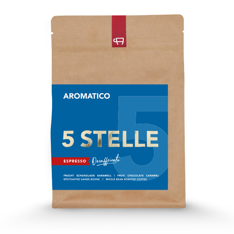 Blau braune Produktverpackung Aromatico 5 STELLE Decaffeinato 250g Bohnen