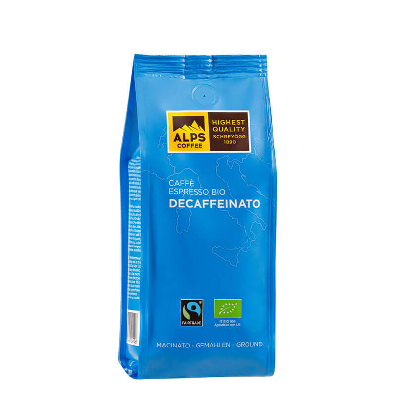 Blaue Produktverpackung  Alps Coffee Schreyögg Espresso Bio Decaf 250 g gemahlen