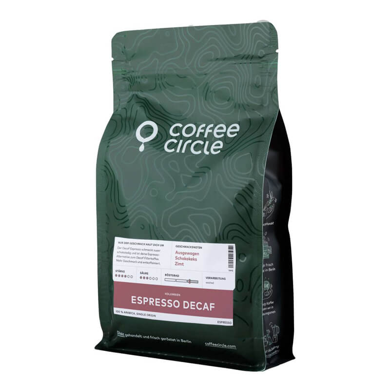 Dunkelgrüne Produktverpackung Coffee Circle Espresso Decaf 1000 g Bohnen