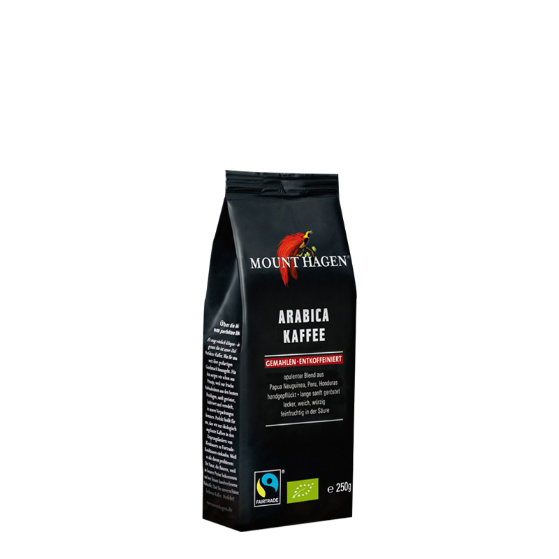 Schwarze Produktverpackung Mount Hagen Bio Decaf Filterkaffee 250 g gemahlen