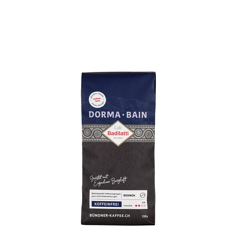 Anthrazit und dunkelblaue Produktverpackung Badilatti Dormabain 250 g Bohnen