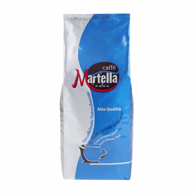 Blaue silberne Produktverpackung Martella Decaffeinato 500 g Bohnen