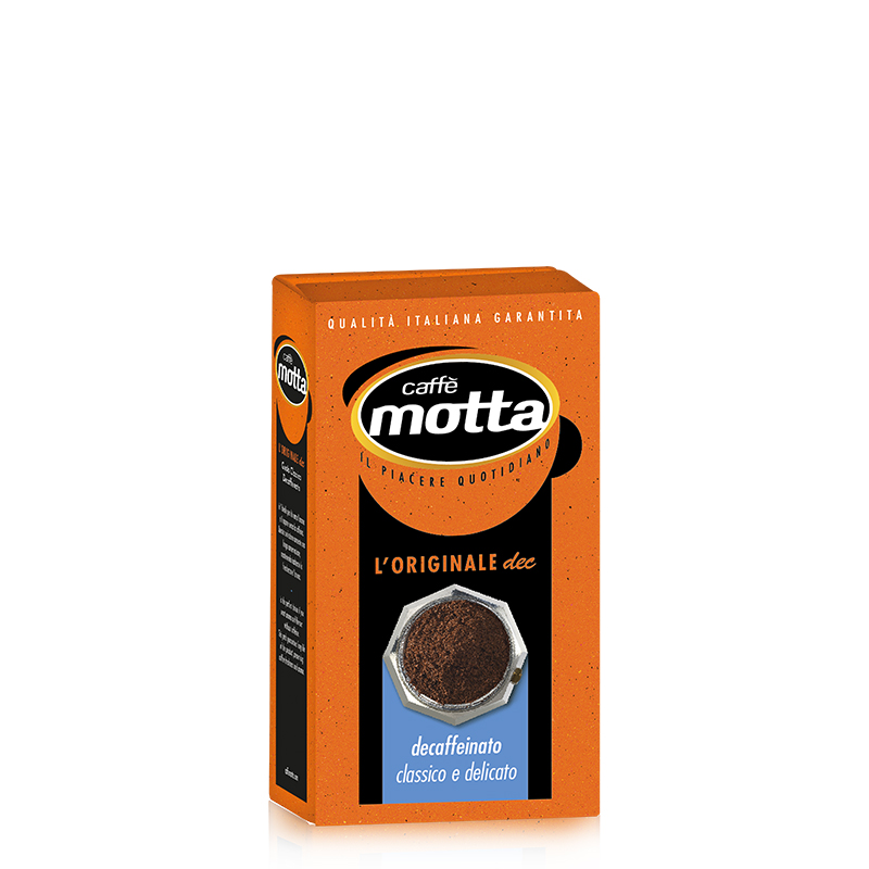 Orangefarbene Produktverpackung Caffè Motta L'Originale Decaf 250 g gemahlen