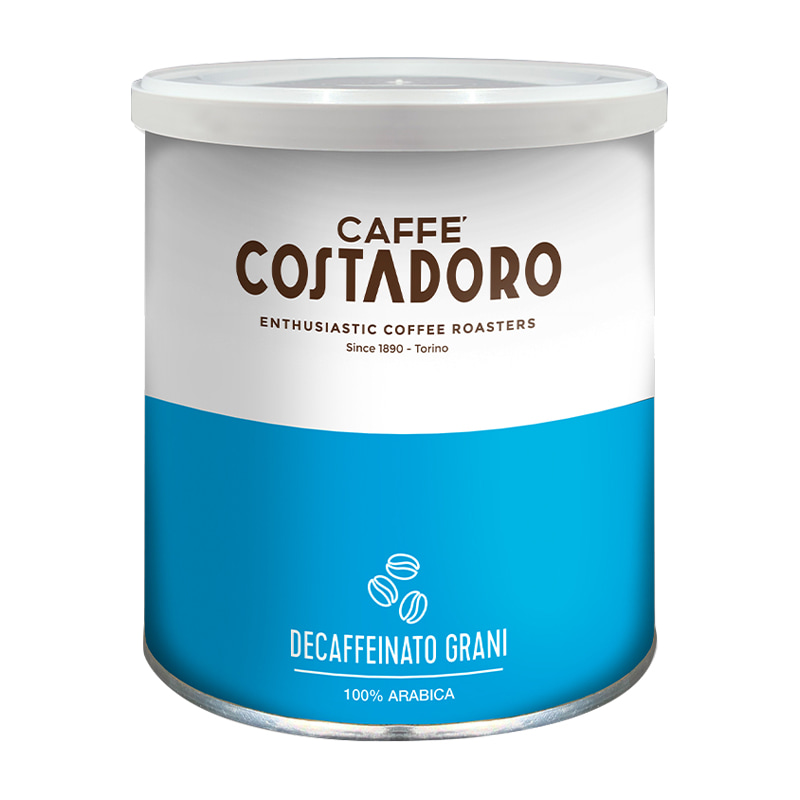 Weiß-blaue Produktdose Costadoro Decaffeinato 250 g Bohnen