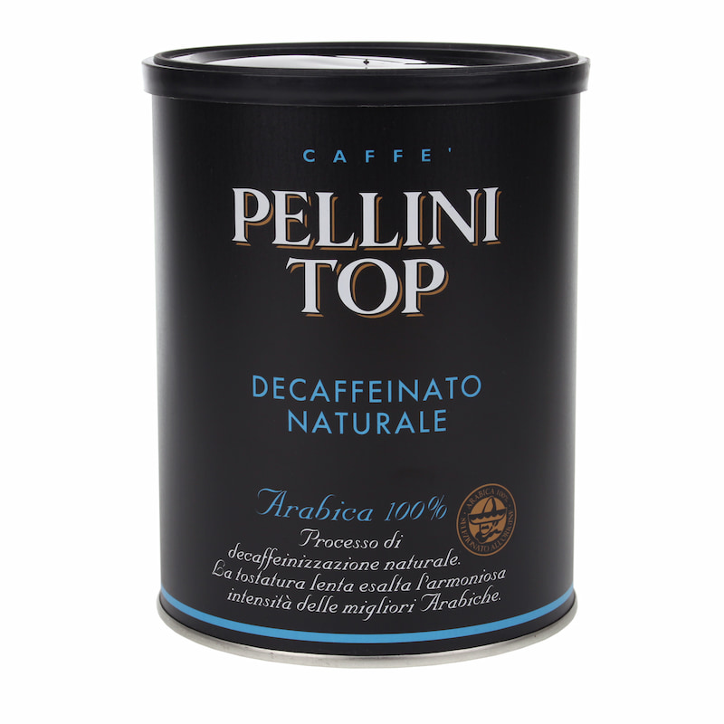 Schwarze Produktverpackung Pellini Decaffeinato gemahlen 250 g Dose