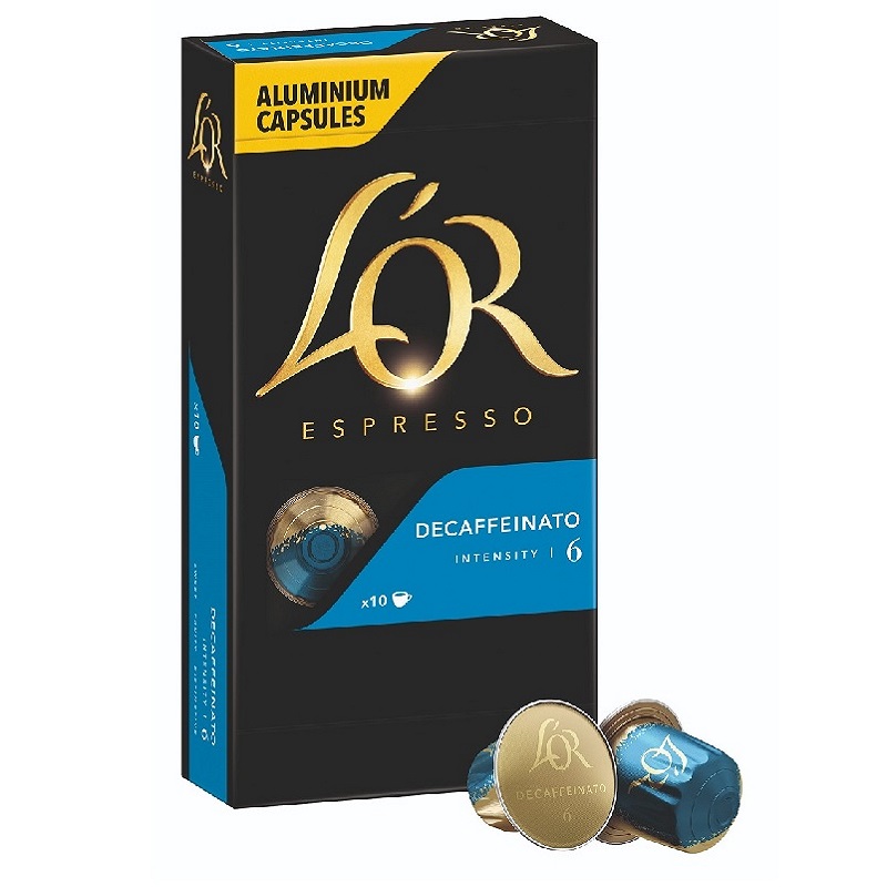 Schwarze Produktverpackung L'Or Espresso Decaffeinato Nespresso Kapseln 10 Stueck