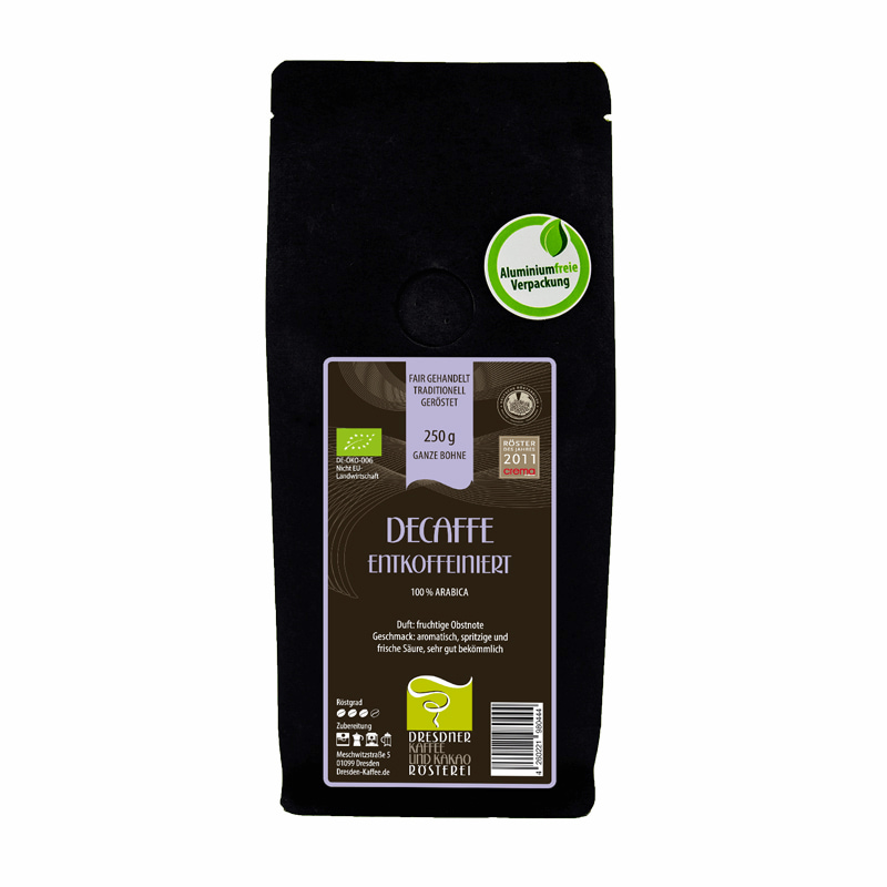 Schwarze Produktverpackung Dresdner Kaffeeroesterei Decaffe Bio ganze Bohne 250 g