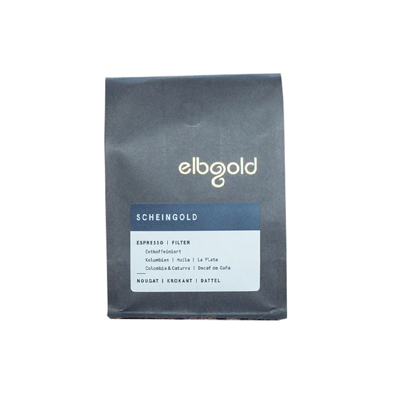 Blaue Produktverpackung Elbgold Espresso Scheingold 250 g Bohnen