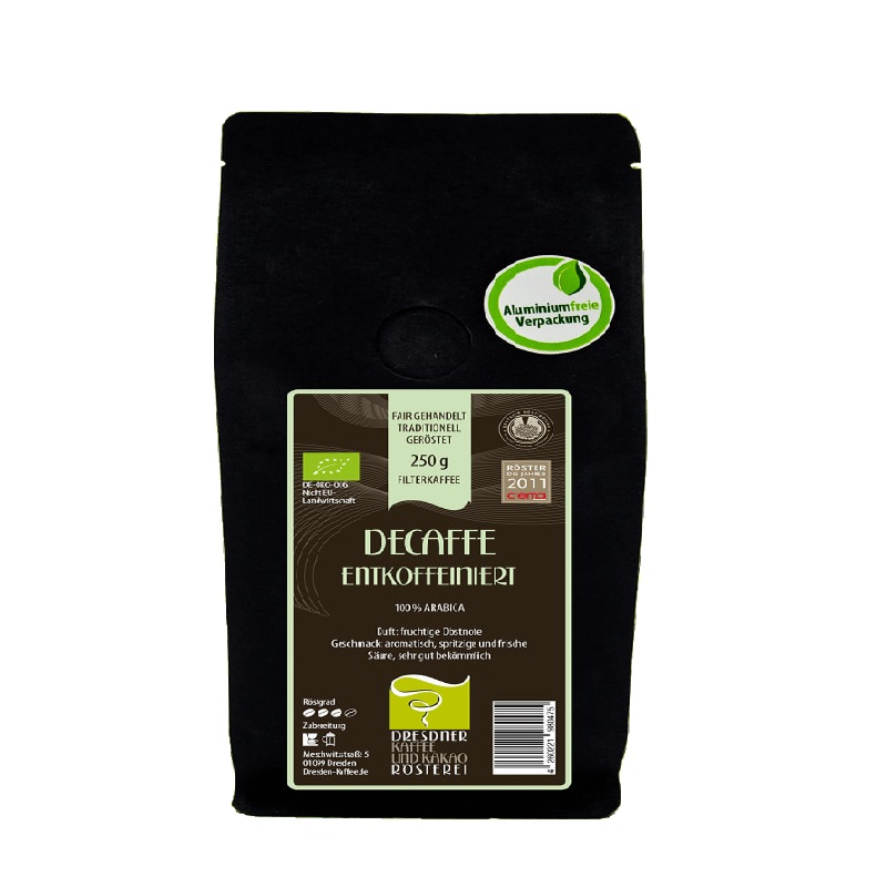 Schwarze Produktverpackung Dresdner Kaffee und Kakaoroesterei Decaffe Bio 250 g gemahlen