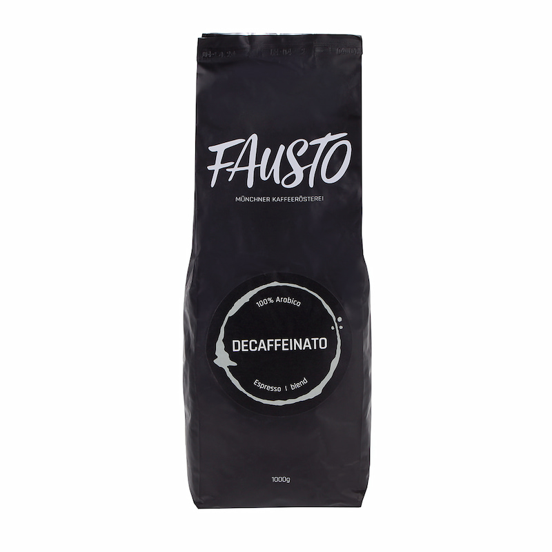 Schwarze Produktverpackung Caffè Fausto Decaffeinato ganze Bohne 1000 g