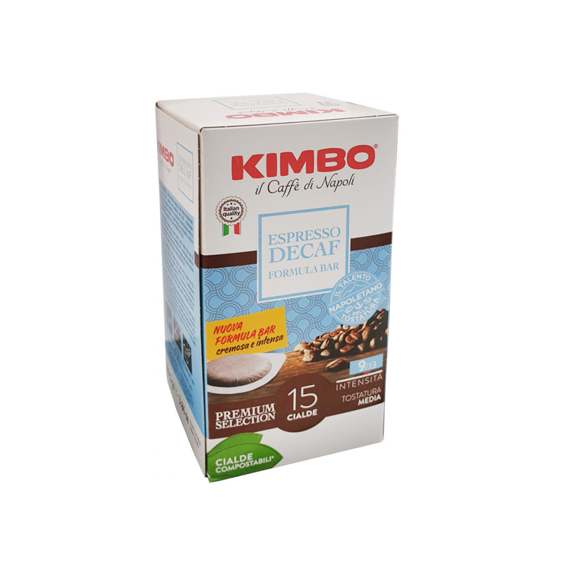 Blaue Produktverpackung Kimbo Espresso Decaffeinato E.S.E Pads 15 Stück