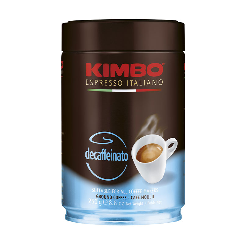 Braune Produktverpackung Kimbo Decaffeinato gemahlen 250 g Dose