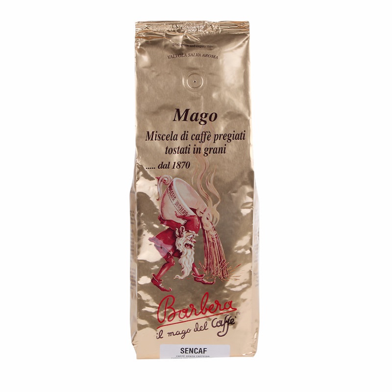 Bronzefarbene Produktverpackung Barbera Sencaf entkoffeiniert ganze Bohne 250 g