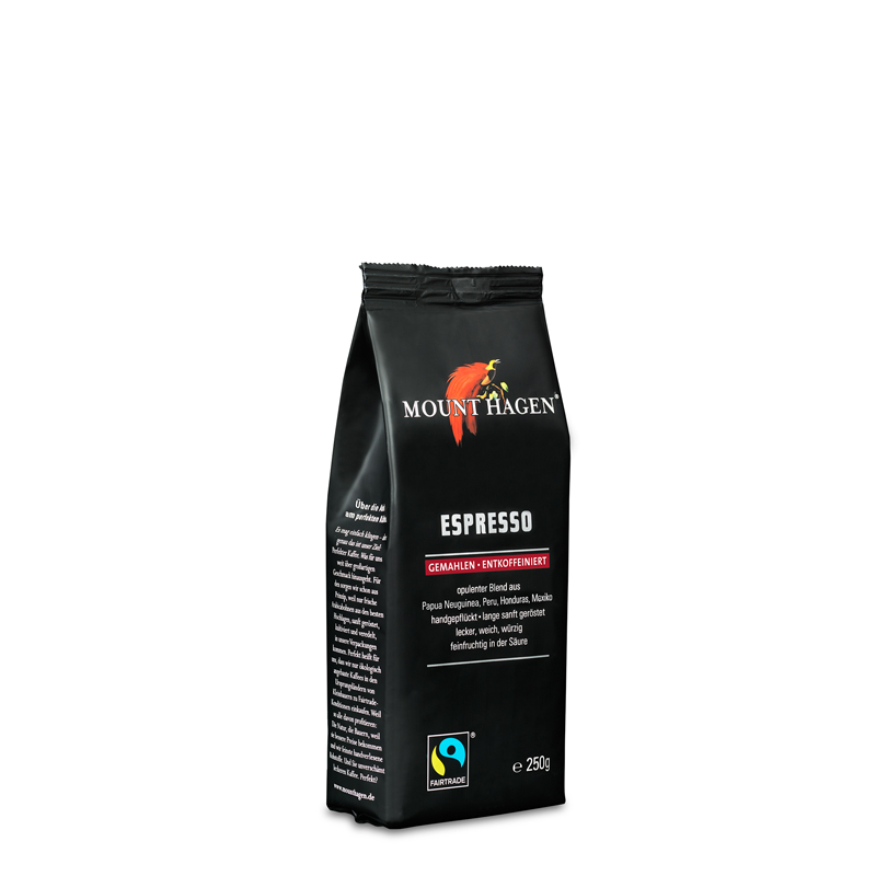 Schwarze Produktverpackung Mount Hagen Bio Decaf Espresso  250 g gemahlen
