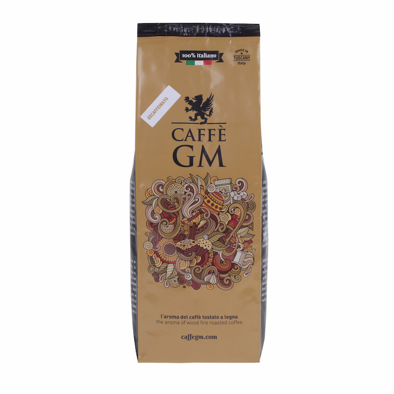Karamellfarbene Produktverpackung GM Caffè Decaffeinato 500 g Bohnen