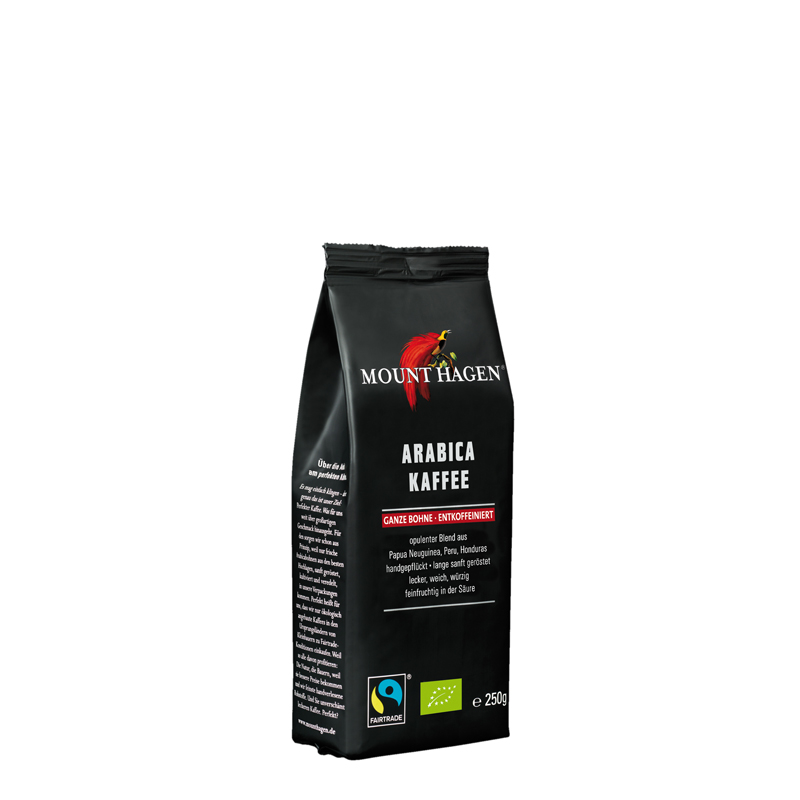 Schwarze Produktverpackung Mount Hagen Bio Decaf Filterkaffee 250 g Bohnen