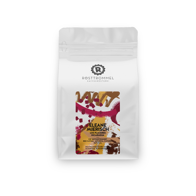 Weiße Produktverpackung Rösttrommel Eleane Mierisch Specialty Decaf Filterkaffee 250 g Bohnen