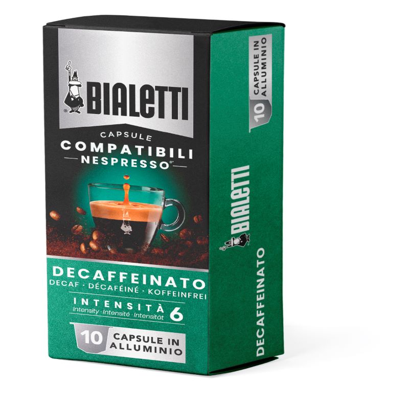 Grüne Produktverpackung  Bialetti Decaffeinato Nespresso Kapseln 10 Stück